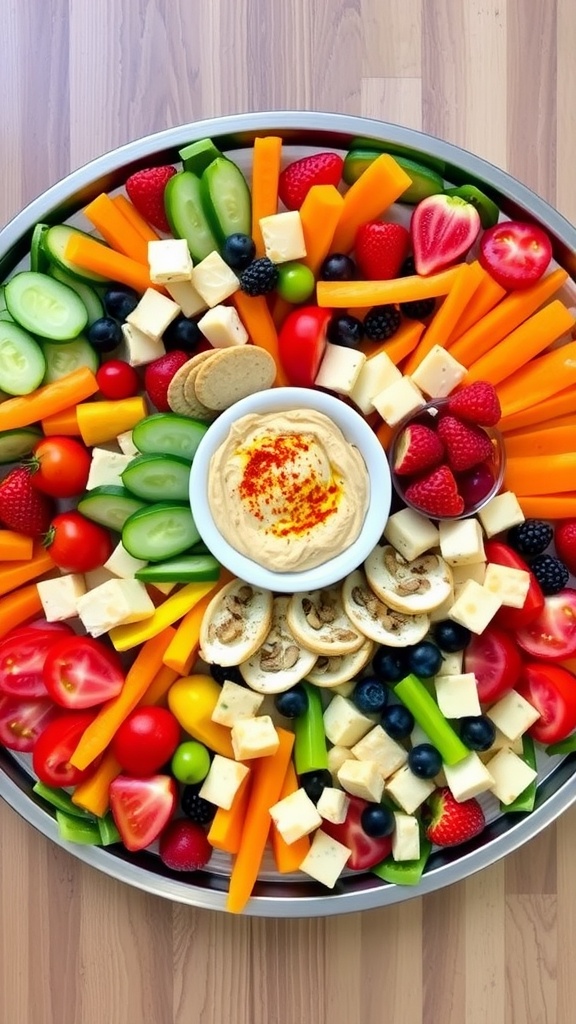 A vibrant birthday snack platter with vegetables, fruits, cheese, and dips on a round tray.